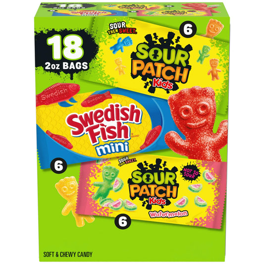 SOUR PATCH KIDS and SWEDISH FISH Mini Soft & Chewy Candy Variety Pack, 18 - 2 oz Bags